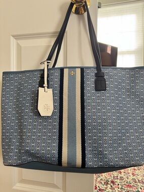 Tory Burch Blue Patterned Canvas Stripe Tote